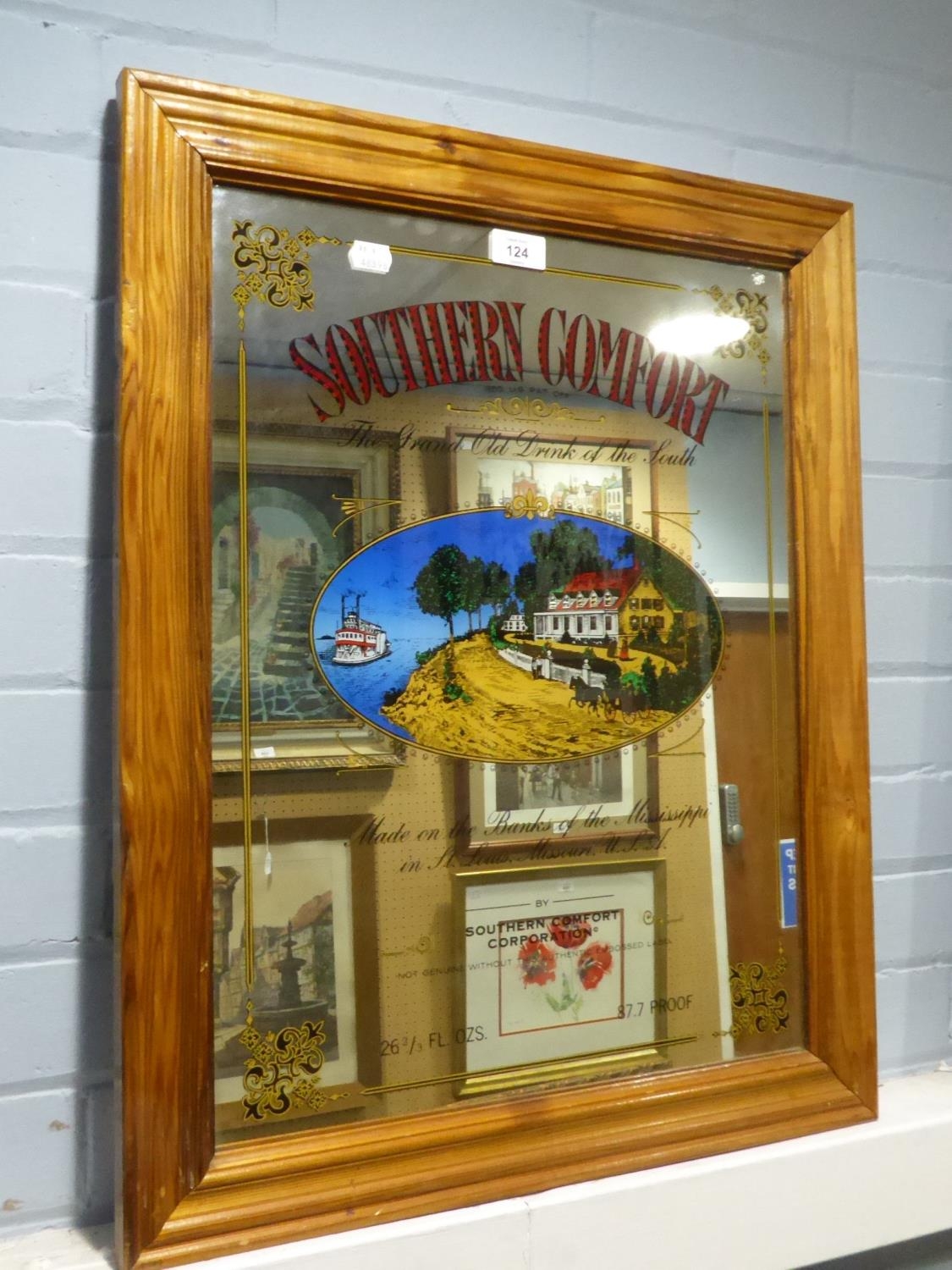 VINTAGE SOUTHERN COMFORT WALL MIRROR IN PINE FRAME, 26" X 21"