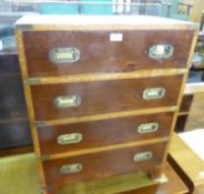 YEW WOOD SMALL MILITARY CHEST, OF FOUR WITH LONG DRAWERS WITH INSET BRASS DROP HANDLES, TEN BRASS