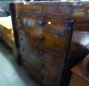 VICTORIAN MAHOGANY LARGE BOW FRONTED CHEST OF TWO SHORT AND FOUR GRADUATED LONG DRAWERS, WITH COCK-