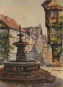 H. NOKES (TWENTIETH CENTURY) WATERCOLOUR Town scene with fountain in the foreground Signed and dated