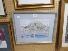 R. INDOVY WATERCOLOUR DRAWING CONTINENTAL CITY, RIVER AND BRIDGE SIGNED AND DATED (19)72