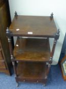 EARLY NINETEENTH CENTURY ROSEWOOD THREE TIER SQUARE WHAT-NOT, with drawer to the base, turned