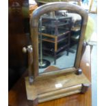 VICTORIAN MAHOGANY SWING TOILET MIRROR, MILESTONE SHAPED ON AN OBLONG PLATFORM BASE WITH A SINGLE