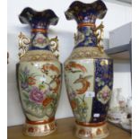 PAIR OF ORIENTAL POTTERY CRACKLE GLAZED LARGE TWO HANDLED VASES, OF SHOULDERED OVULAR FORM WITH