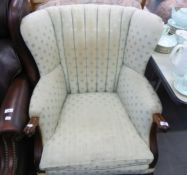 GOOD MAHOGANY FRAMED WINGED EASY ARMCHAIR COVERED IN PALE BLUE/GREY SILK TAPESTRY WITH GOLD FAN