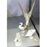 LLADRO FIGURE OF A DOVE, 11" HIGH, TWO SMALLER LLADRO ORNAMENTS OF GEESE AND ANOTHER LLADRO ORNAMENT