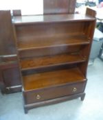 MAHOGANY FOUR TIER OPEN BOOKCASE, WITH TWO ADJUSTABLE SHELVES, ADVANCED DRAWER IN THE BASE WITH