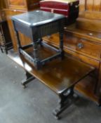 AN OAK OBLONG COFFEE TABLE, RAISED ON LYRE SHAPED END SUPPORTS, WITH PEGGED STRETCHER AND A CARVED