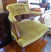 LATE VICTORIAN MAHOGANY DRAWING ROOM EACH ARMCHAIR, TUB SHAPED, THE BUTTON UPHOLSTERED, SCROLLED,