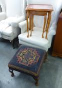 A LARGE SQUARE FOOTSTOOL, WITH TAPESTRY COVER, ON CABRIOLE LEGS AND A NEST OF TWO COFFEE TABLES