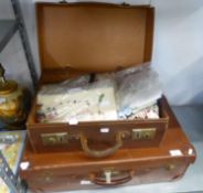 VINTAGE BROWN SUITCASE, ANOTHER SMALLER AND A QUANTITY OF LINEN VARIOUS