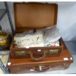 VINTAGE BROWN SUITCASE, ANOTHER SMALLER AND A QUANTITY OF LINEN VARIOUS