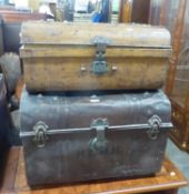 VINTAGE METAL TRUNK, with studded top, grain painted to light oak, together with ANOTHER, LARGER,