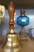 VICTORIAN OIL TABLE LAMP WITH GILT METAL PIERCED SQUARE CONICAL BASE, BLUE AND FLUTED GLASS
