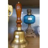 VICTORIAN OIL TABLE LAMP WITH GILT METAL PIERCED SQUARE CONICAL BASE, BLUE AND FLUTED GLASS