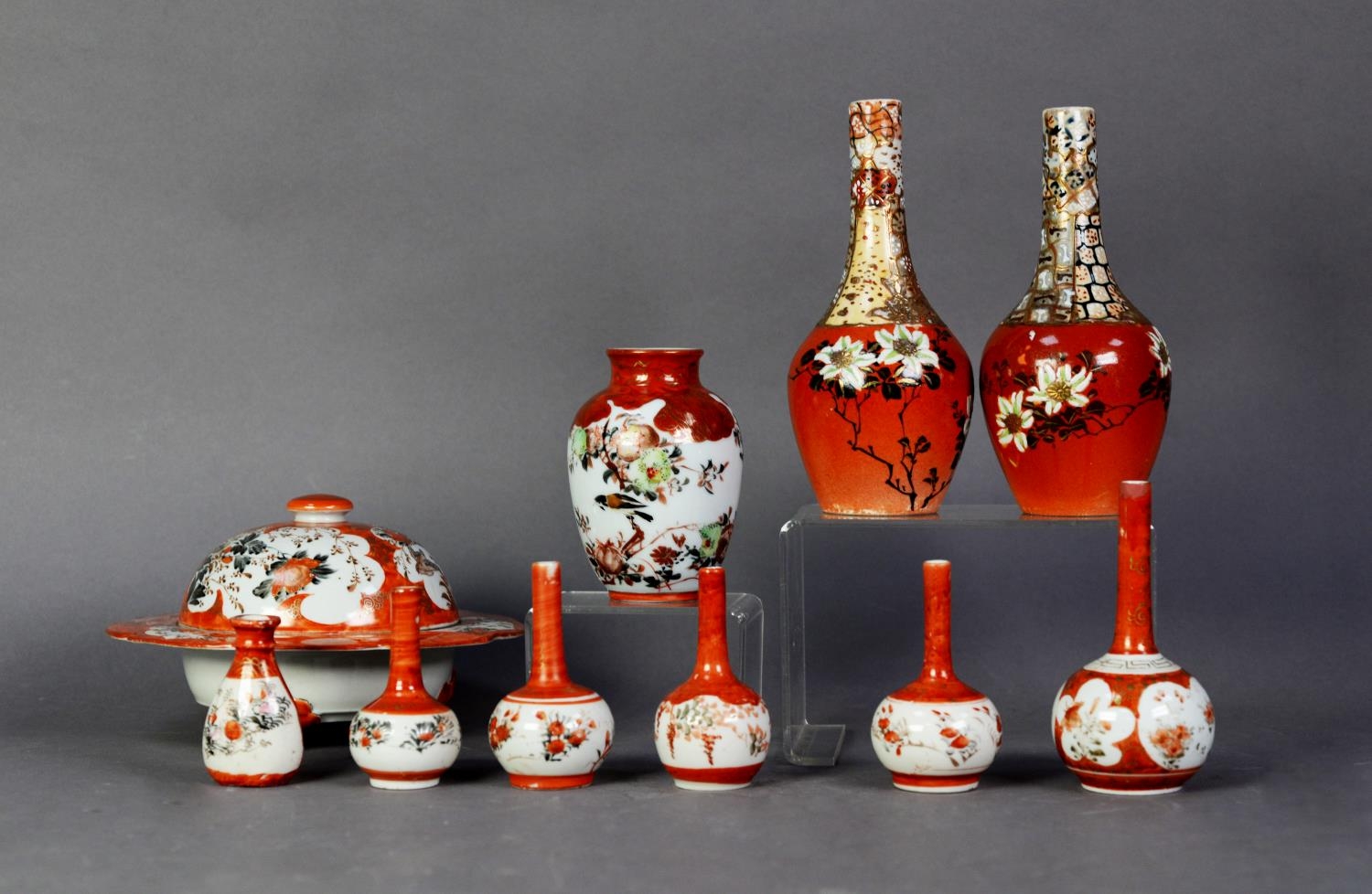 EIGHT PIECES OF JAPANESE KUTANI PORCELAIN, including a LIDDED CIRCULAR DISH, with domed cover and