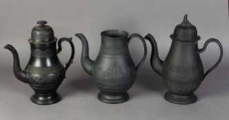 NINETEENTH CENTURY EASTWOOD BLACK BASALT POTTERY COFFEE POT AND COVER, of typical form with widows