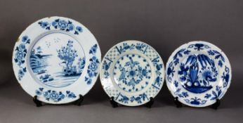 THREE ANTIQUE BLUE AND WHITE DELFT POTTERY PLATES, including a larger example, probably Liverpool,