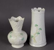 BELLEEK LATE NINETEENTH CENTURY VASE, of orbicular form with flared tall neck, embossed Donegal