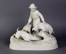 LATE 19th CENTURY COPELAND'S PARIAN WARE GROUP, HUNTING SCENE, young huntsman and three dogs by an