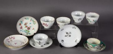 SIX LATE EIGHTEENTH CENTURY WORCESTER PORCELAIN ODD TEA BOWLS AND SAUCERS, variously enamelled