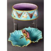 TWO PIECES OF GEORGE JONES MOULDED MAJOLICA POTTERY, comprising: TWO DIVISION HORS D’OUVRES DISH, of