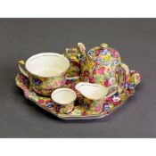 FIVE PIECE GRIMWADES ROYAL WINTON CHINTZ PATTERN POTTERY TEA FOR ONE SET, with gilt lined rims and