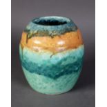 WILLIAM HOWSON TAYLOR, RUSKIN POTTERY OVOID VASE, covered with a mottled crystalline turquoise green