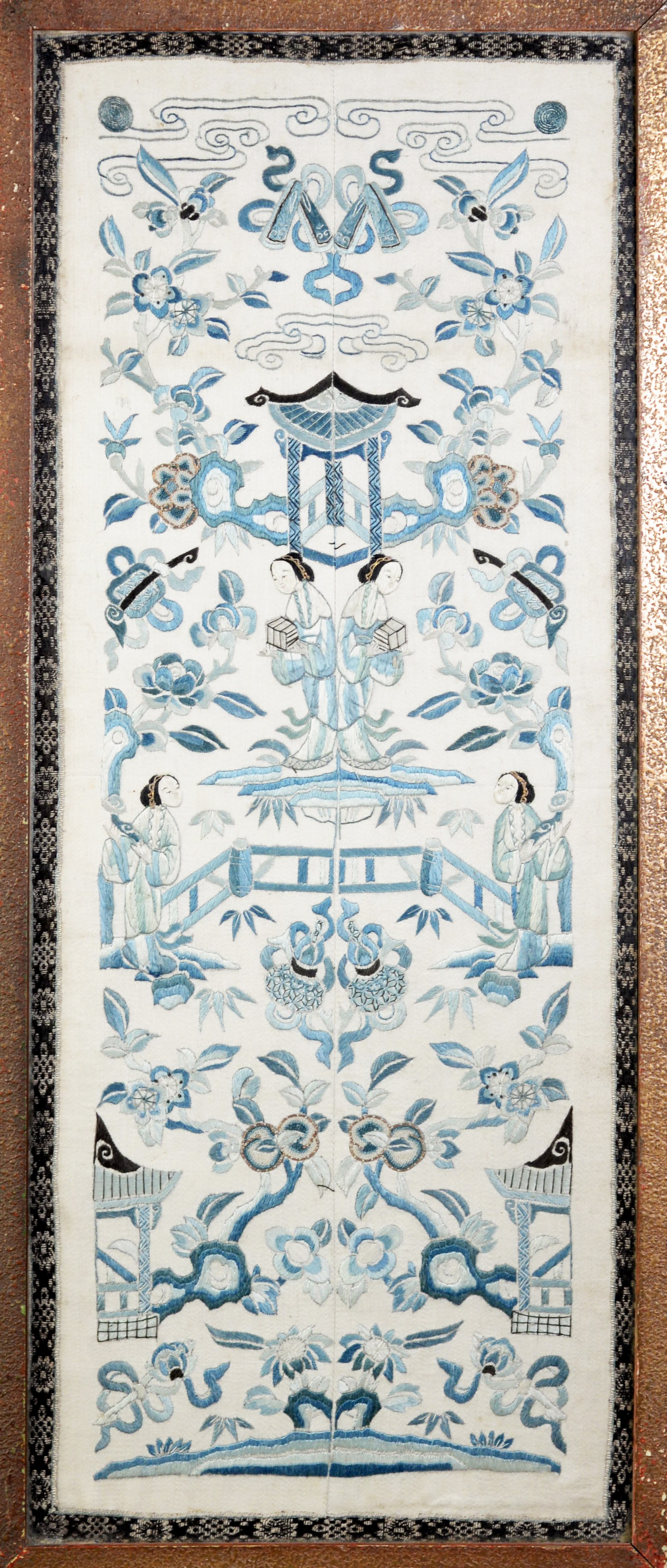 CHINESE EMBROIDERED SILK PANEL OF TWO CONJOINED VERTICAL PANELS in shades of blue/green with four - Image 2 of 2