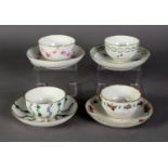 FOUR LATE EIGHTEENTH CENTURY CHELSEA DERBY PORCELAIN TEABOWLS AND SAUCERS, comprising: ONE IN PUCE