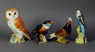 FOUR BESWICK POTTERY MODELS OF BIRDS, comprising: BARN OWL (1046), PIGEON (1383), BLUE BUDGIE (1216)