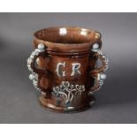 PROBABLY CASTLE HEDINGHAM, MOULDED POTTERY FOUR HANDLED OVERSIZED TANKARD PATTERN VASE, of