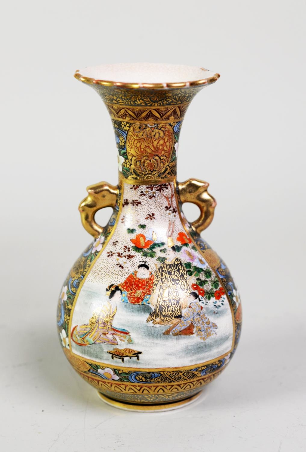 SMALL JAPANESE MEIJI PERIOD KIOTO SATSUMA TWO HANDLED PEAR SHAPE VASE, well-painted and richly