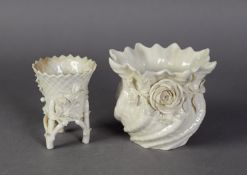 BELLEEK EARLY TWENTIETH CENTURY SMALL FLOWER POT, spirally wrythen embossed decoration and applied