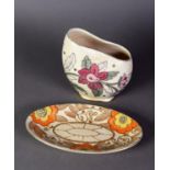 BURSLEY WARE CHARLOTTE RHEAD SHALLOW OVAL DISH, floral design 8 ½” (21.6cm) long and a CROWN DUCAL