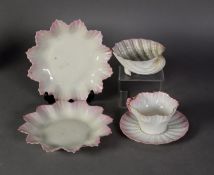 PAIR OF BELLEEK EARLY TWENTIETH CENTURY PINK EDGE FLOWER HEAD PATTERN SMALL DISHES, fluted pointed
