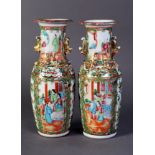 PAIR OF CHINESE LATE QING DYNASTY CANTON DECORATED PORCELAIN VASES, each all-over polychrome