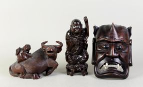 ORIENTAL CARVED SOFT WOOD GROTESQUE MASK, with bone teeth, a CARVED STANDING FIGURE OF HOTEI and