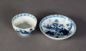 EIGHTEENTH CENTURY LOWESTOFT PORCELAIN TEA BOWL AND SAUCER, painted in underglaze blue with 'Two