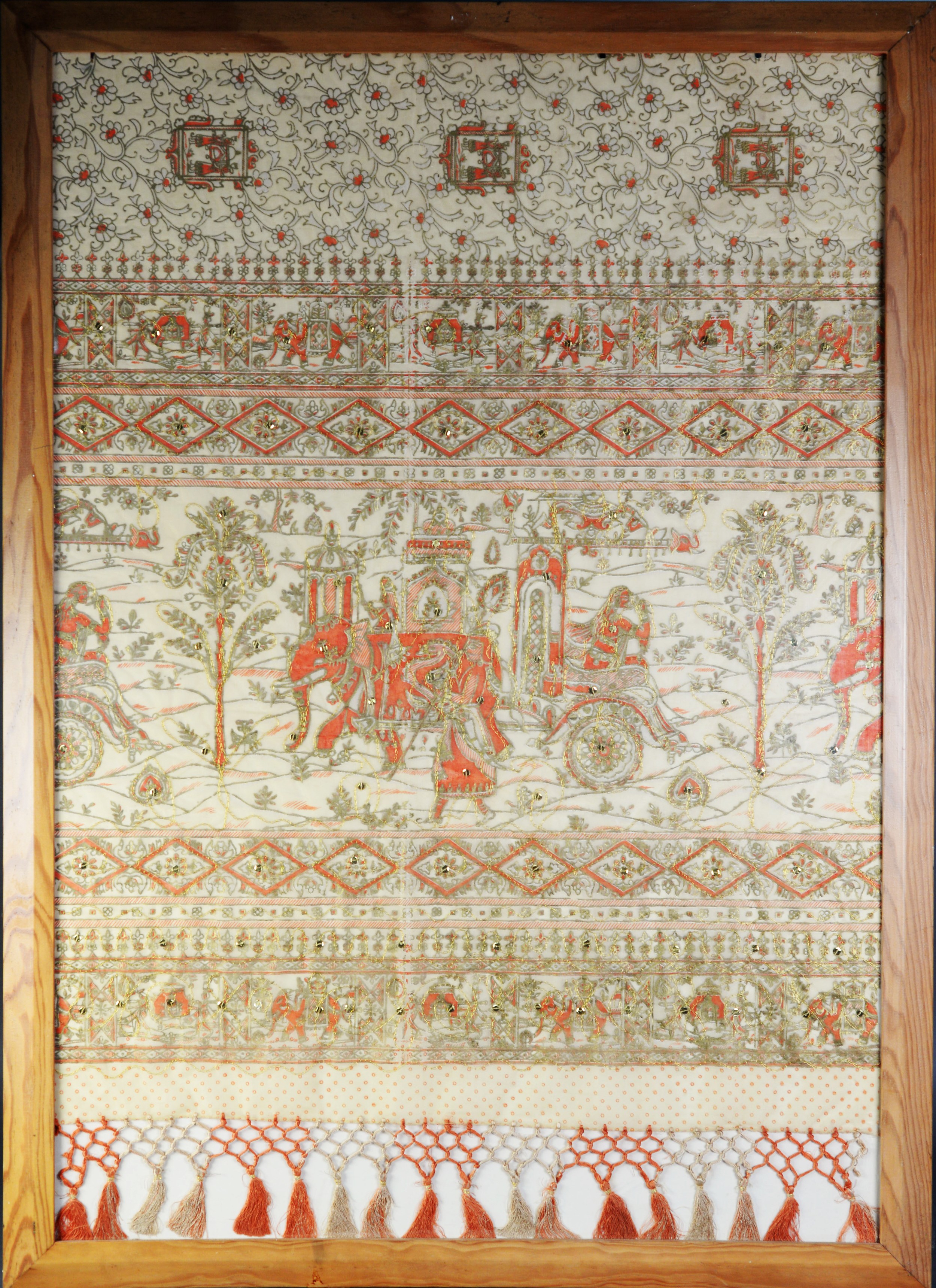 FRAMED AND GLAZED INDIAN GOLD THREAD AND RED STAINED EMBROIDERED SILK FRAGMENTARY WALL HANGING, - Image 2 of 2