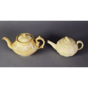 PROBABLY WEDGWOOD, LATE EIGHTEENTH/ EARLY NINETEENTH CENTURY CREAM GLAZED MOULDED POTTERY TEAPOT AND