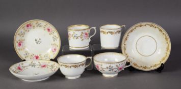 TWO NINETEENTH CENTURY DERBY PORCELAIN TRIOS, each comprising: TEA CUP, COFFEE CAN and SAUCER,