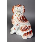 NINETEENTH CENTURY STAFFORDSHIRE POTTERY LARGE MANTLE DOG, typically modelled and with burnt