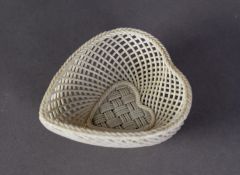 BELLEEK MID TWENTIETH CENTURY HEART SHAPE BASKET, with plaited edge four strand woven base,