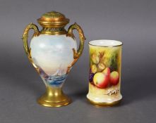 EARLY TWENTIETH CENTURY ROYAL WORCESTER PORCELAIN TWO HANDLED COVERED POT POURRI VASE, painted by