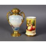 EARLY TWENTIETH CENTURY ROYAL WORCESTER PORCELAIN TWO HANDLED COVERED POT POURRI VASE, painted by