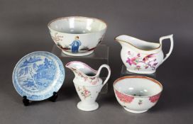 FIVE PIECES OF LATE EIGHTEENTH/ EARLY NINETEENTH CENTURY NEW HALL PORCELAIN, comprising: MILK JUG,