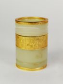 20th/21st CENTURY CHINESE CELADON PARCEL GILT METAL MOUNTED CYLINDRICAL BRUSH POT, with accompanying