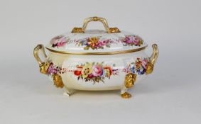 EARLY 19th CENTURY DERBY CHINA LARGE BULBOUS OVAL TWO HANDLED TUREEN AND DOMED COVER with handle,