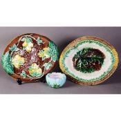 THREE PIECES OF NINETEENTH CENTURY AND LATER MOULDED MAJOLICA POTTERY, comprising: OVAL BREAD
